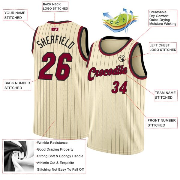 Custom Cream Black Pinstripe Maroon-Black Authentic Basketball Jersey