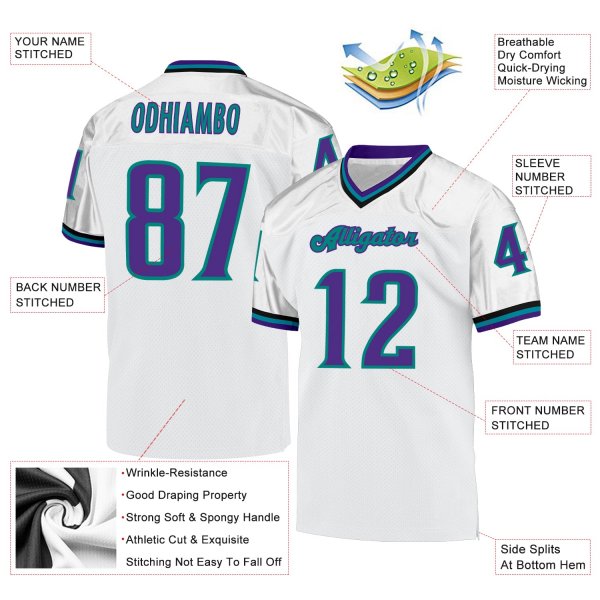 Custom White Purple-Aqua Mesh Authentic Throwback Football Jersey