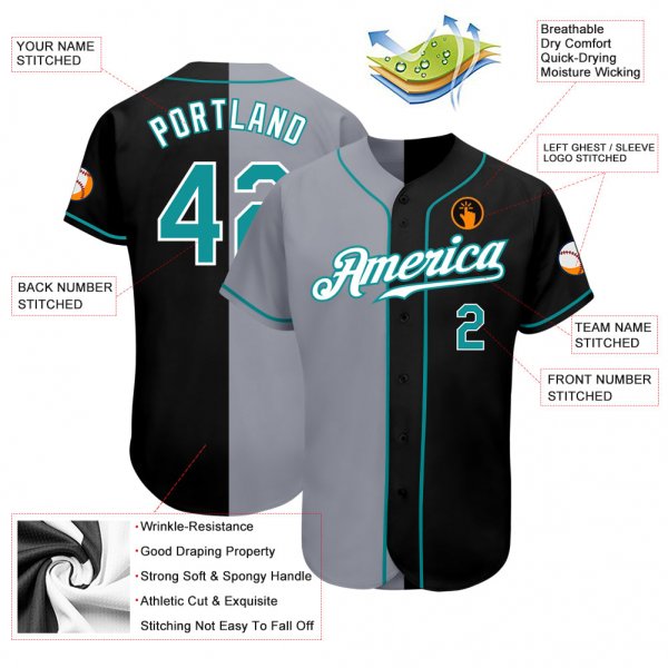 Custom Black Aqua-Gray Authentic Split Fashion Baseball Jersey