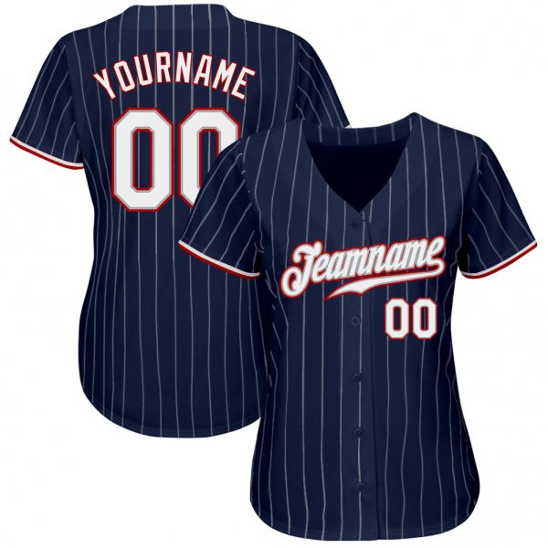 Custom Navy White Pinstripe White-Red Authentic Baseball Jersey