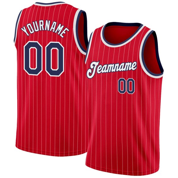 Custom Red White Pinstripe Navy-White Authentic Basketball Jersey