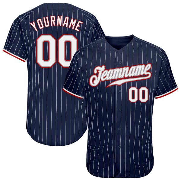 Custom Navy White Pinstripe White-Red Authentic Baseball Jersey