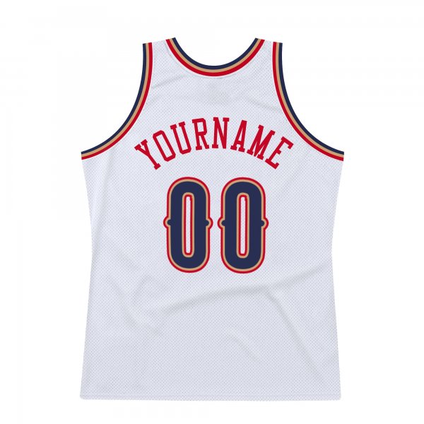 Custom White Navy-Red Authentic Throwback Basketball Jersey