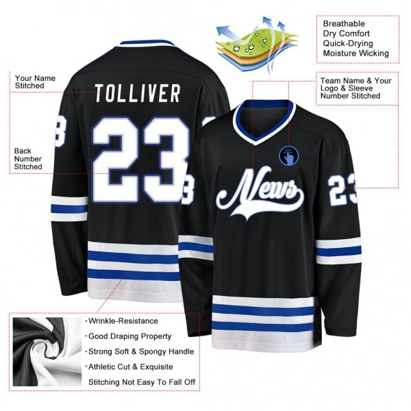 Custom Black White-Royal Hockey Jersey